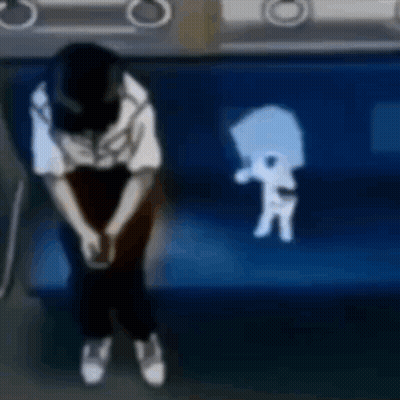 A Person Is Sitting On A Blue Couch With A Shadow Of A Person On The Couch . GIF