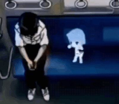 A Person Is Sitting On A Blue Couch With A Silhouette Of A Person Behind Them . GIF