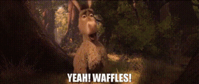 A Person Is Sitting On Top Of A Rock In The Middle Of A Forest With The Words `` Yeah ! Waffles ! '' GIF