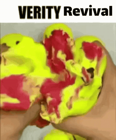 A Person Is Squeezing A Yellow And Red Object That Says Verity Revival On The Bottom GIF