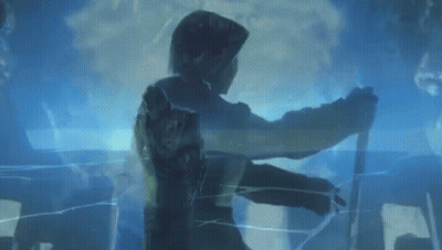 A Person Is Standing In A Dark Room With A Blue Light Behind Them . GIF