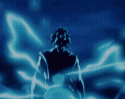 A Person Is Standing In A Dark Room With A Blue Lightning Bolt Behind Them . GIF