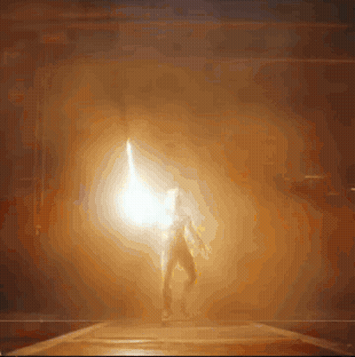 a person is standing in a dark room with a lightning bolt