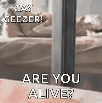 A Person Is Standing In Front Of A Bed With The Words `` Gay Geezer ! Are You Alive ? '' Written On It . GIF