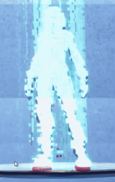A Person Is Standing In Front Of A Blue Background With A Cursor Pointing To The Right GIF