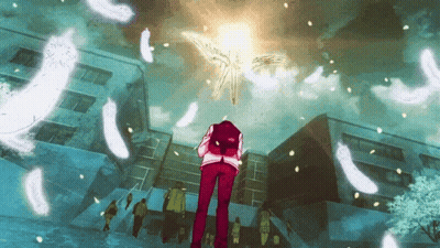 A Person Is Standing In Front Of A Building With Feathers Flying Around Them GIF