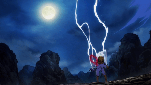 A Person Is Standing In Front Of A Full Moon With A Lightning Bolt Coming Out Of Their Hand GIF