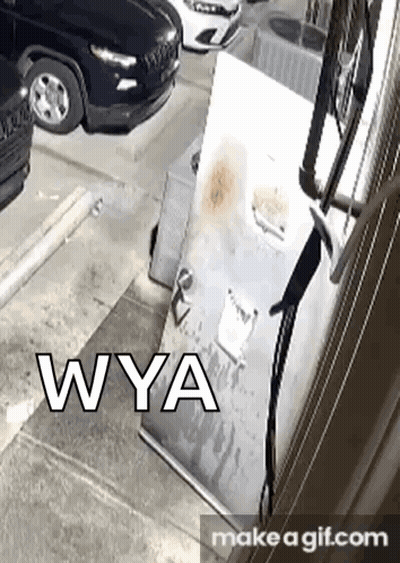 A Person Is Standing In Front Of A Refrigerator With The Words `` Wya '' On It . GIF