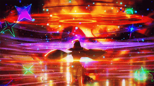 A Person Is Standing In The Middle Of A Colorful Display Of Lights And Stars . GIF