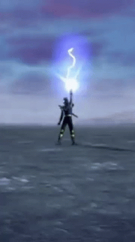 A Person Is Standing In The Middle Of A Field With A Lightning Bolt Coming From Their Hand . GIF