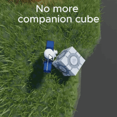 A Person Is Standing Next To A Cube In The Grass With The Words `` No More Companion Cube '' Written Above Them . GIF