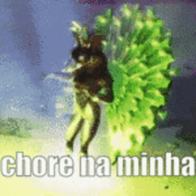A Person Is Standing Next To A Green Plant With The Words Chore Na Minha Written On The Bottom . GIF