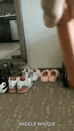 A Person Is Standing Next To A Row Of Shoes On A Floor . GIF
