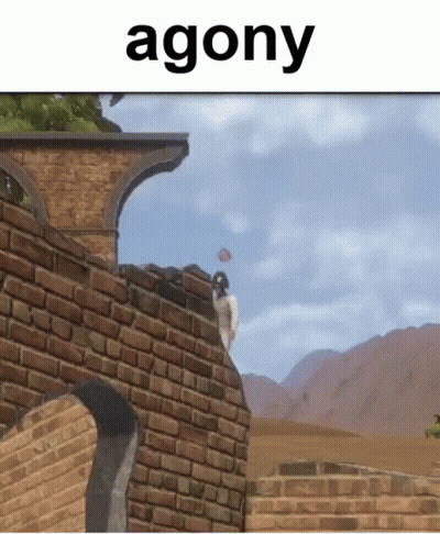 A Person Is Standing On Top Of A Brick Wall With The Word Agony Written Above Them . GIF