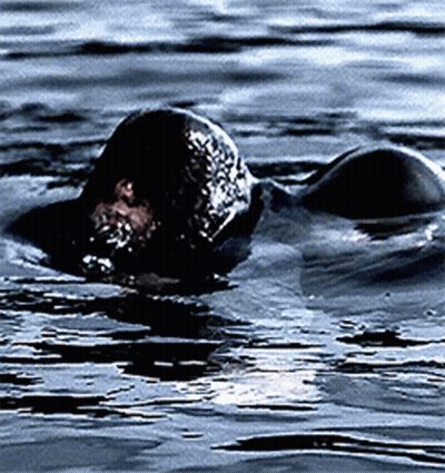 A Person Is Swimming In A Body Of Water With Their Head Above The Water GIF