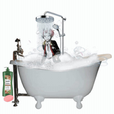 A Person Is Taking A Bath In A Bathtub Next To A Bottle Of Saine GIF