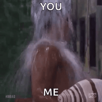 A Person Is Taking A Shower With Water Coming Out Of Their Head And Says `` You Me '' . GIF