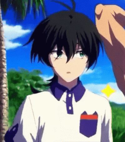 A Person Is Touching A Boy 'S Head With Their Hand While He Is Wearing A White Shirt And Purple Collar . GIF