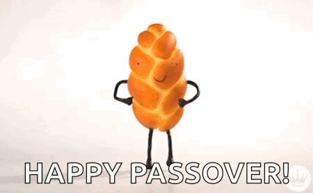 A Person Is Touching A Loaf Of Bread With Arms And Legs And The Words `` Happy Passover '' . GIF