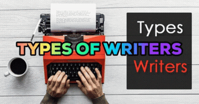 A Person Is Typing On A Red Typewriter With The Words Types Of Writers Written Below Them GIF