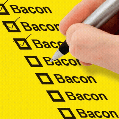 A Person Is Using A Pen To Check Bacon On A Yellow Checklist GIF