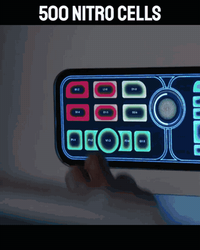 A Person Is Using A Remote Control With The Words 500 Nitro Cells Written Above It GIF