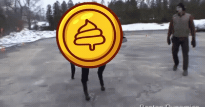 A Person Is Walking In The Snow With A Coin In Front Of Their Head That Looks Like A Poop . GIF