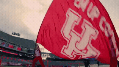A Person Is Waving A Large Red Flag With The Letter H On It In A Stadium . GIF