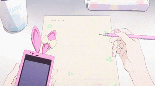 A Person Is Writing On A Piece Of Paper While Holding A Pink Phone GIF