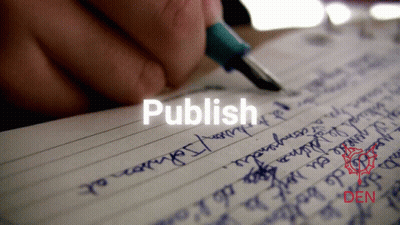 A Person Is Writing On A Piece Of Paper With The Word Publish Written On It GIF