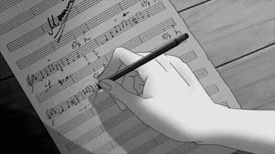 A Person Is Writing On A Sheet Of Music With A Pencil And A Signature On The Sheet GIF
