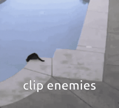 A Person Jumping Over A Black Cat With The Words Clip Enemies Behind Them GIF