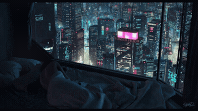 A Person Laying In A Bed Looking Out A Window At A City At Night With A Sign That Says " Floor " GIF