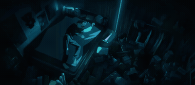 A Person Laying In A Dark Room With A Blue Light Shining On Them GIF