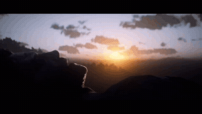 A Person Looking Up At A Sunset With A Silhouette Of Trees In The Background GIF