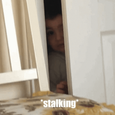 A Person Peeking Out Of A Door With The Word Stalking Written On The Bottom GIF