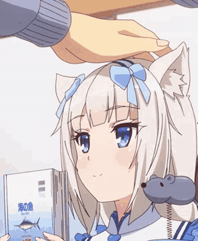 A Person Petting A Cat Girl 'S Head While She Holds A Book With A Fish On It GIF