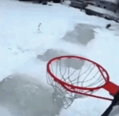 A Person Playing Basketball In The Snow With A Penguin On His Head GIF