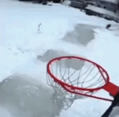 A Person Playing Basketball In The Snow With A Picture Of A Cat On Their Head In The Background GIF