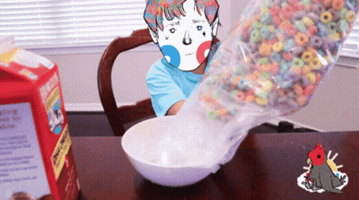 A Person Pouring Cereal Into A Bowl With A Carton Of Milk Behind Them GIF