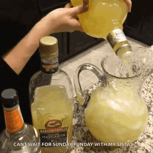 A Person Pouring Margaritaville Into A Pitcher With The Caption Cant Wait For Sunday Funday With My Sistas GIF