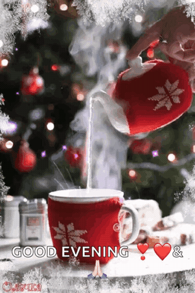 A Person Pouring Milk Into A Cup With The Words Good Evening And Hearts GIF
