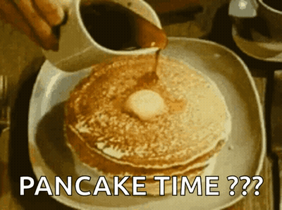 A Person Pouring Syrup On A Stack Of Pancakes With The Words Pancake Time Written Below It GIF