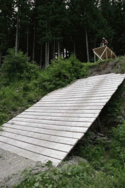 A Person Riding A Bike On A Wooden Ramp In The Woods GIF