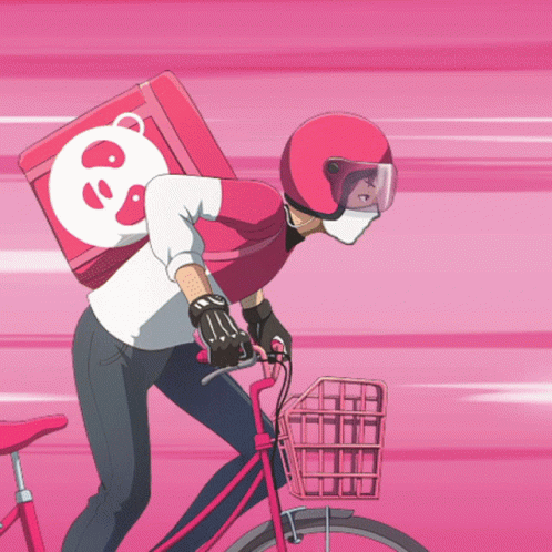 A Person Riding A Bike With A Box On Their Back That Says Panda GIF