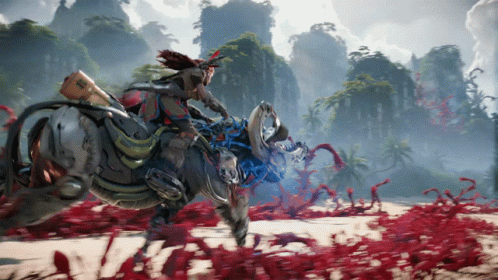 A Person Riding A Horse In A Video Game With A Landscape In The Background GIF