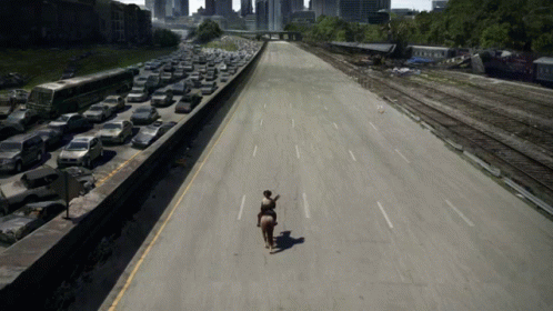 A Person Riding A Horse On A Highway With A Lot Of Cars On It GIF