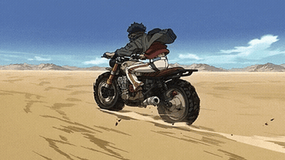 A Person Riding A Motorcycle In The Desert With Mountains In The Background GIF