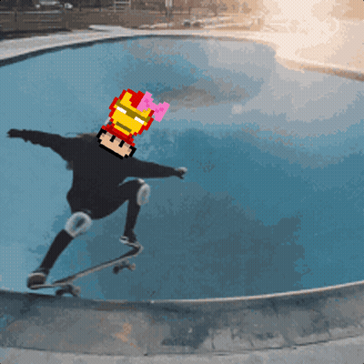 A Person Riding A Skateboard In A Pool With A Pixelated Iron Man Head GIF