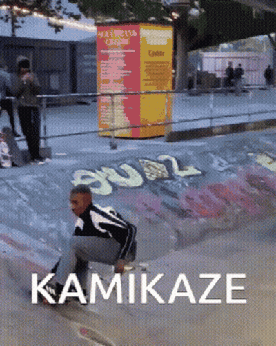 A Person Riding A Skateboard On A Ramp With The Word Kamikaze On The Bottom GIF